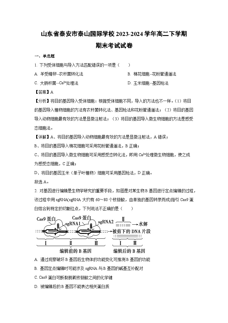 [生物][期末]山东省泰安市泰山国际学校2023-2024学年高二下学期期末考试试卷(解析版)第1页