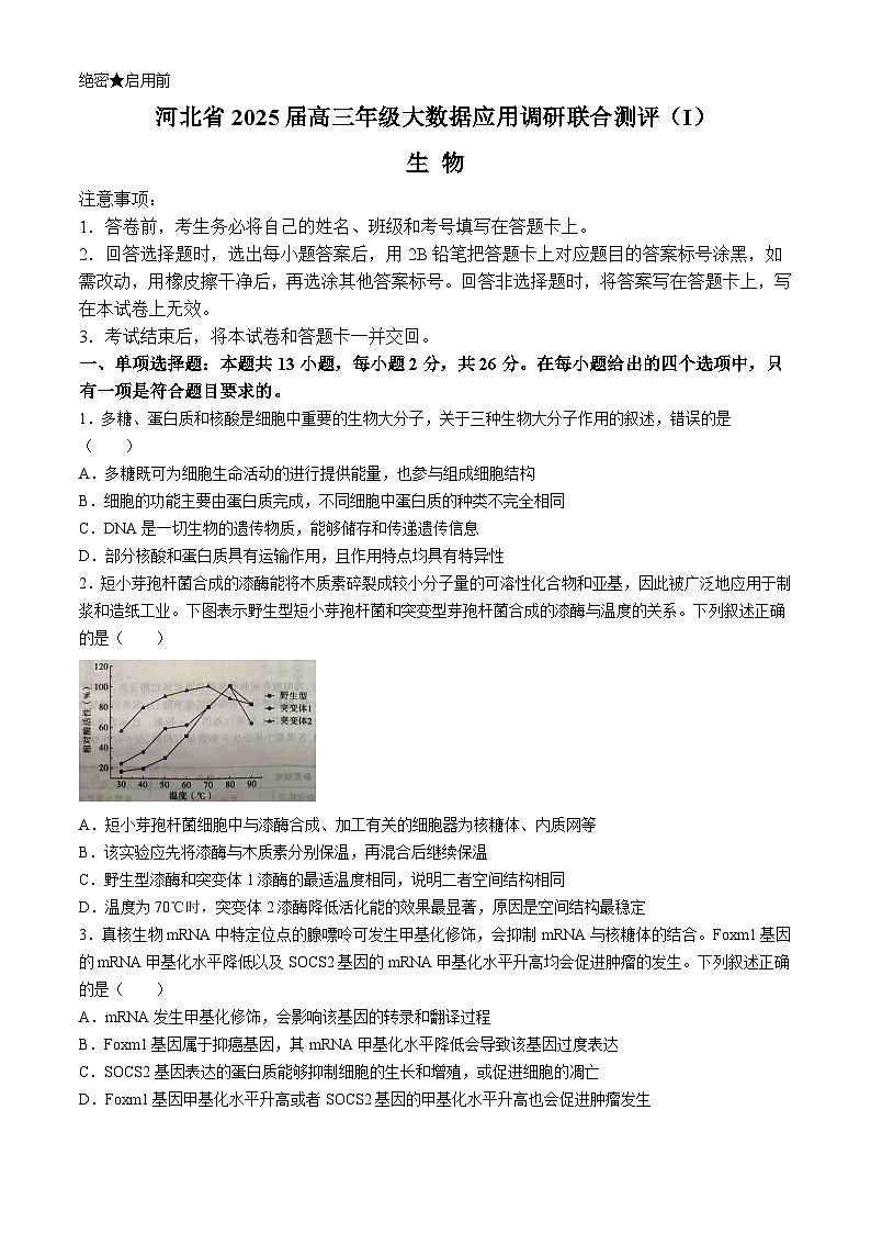 河北省2025届高三上学期大数据应用调研联合测评（I）生物试题（Word版附解析）第1页