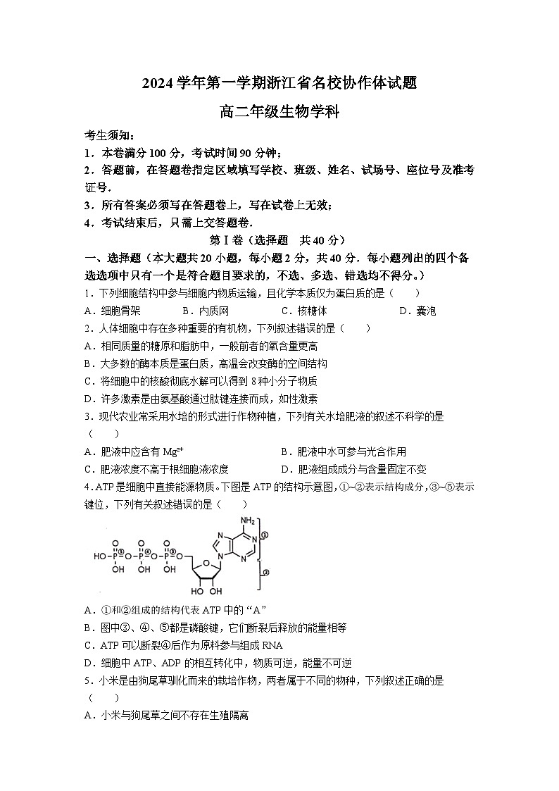 浙江省名校协作体2024-2025学年高二上学期开学考试生物试题（Word版附答案）01