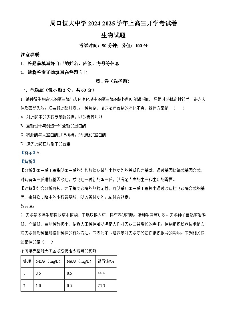 河南省周口市川汇区周口恒大中学2024-2025学年高三上学期开学考试生物试题（解析版）第1页