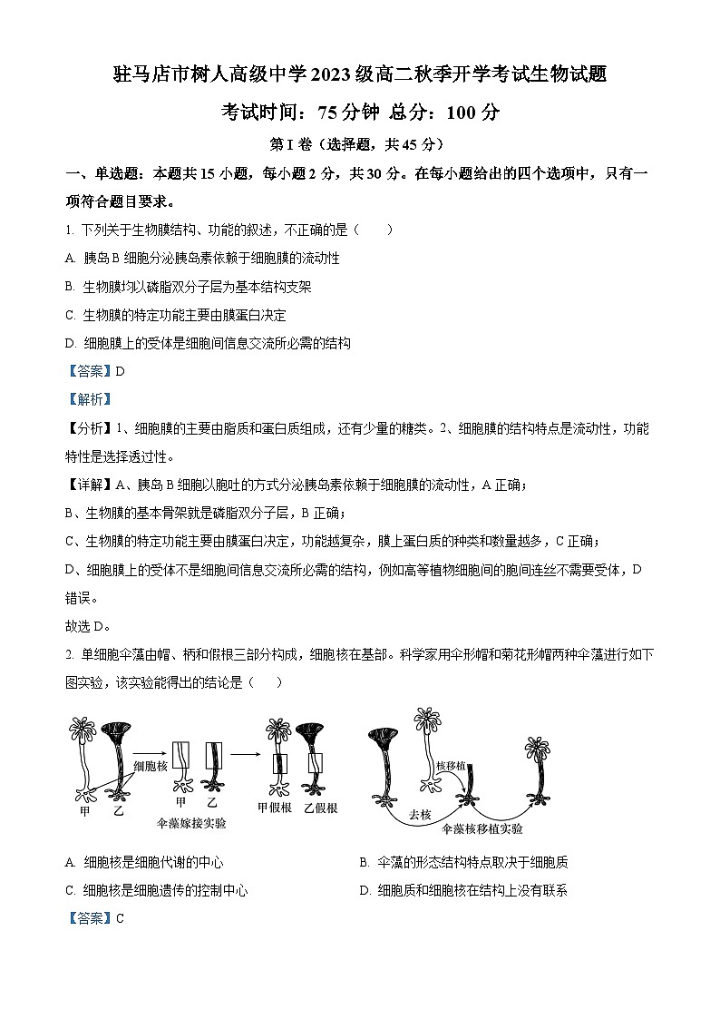 河南省驻马店市树人高级中学2024-2025学年高二上学期开学考试生物试题（解析版）01