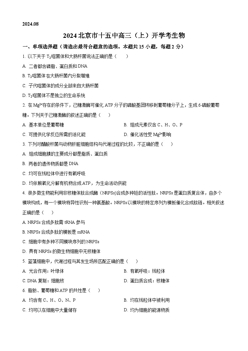 北京市十五中2024-2025学年高三上学期开学考试生物试题（原卷版）01