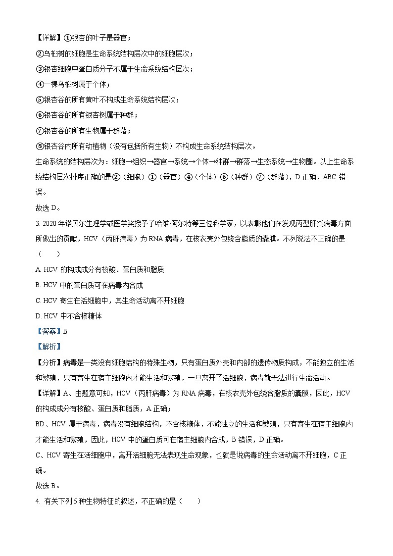 湖北省孝感高级中学2024-2025学年高一上学期开学考试生物试卷（Word版附解析）02