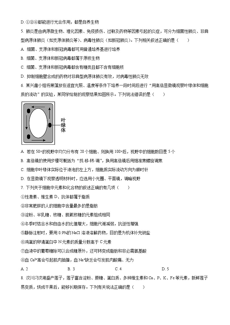 湖北省孝感高级中学2024-2025学年高一上学期开学考试生物试卷（Word版附解析）02