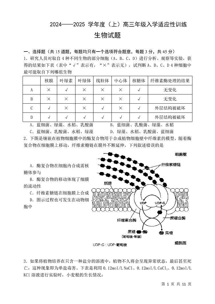 重庆市某中学2024-2025学年高三上学期开学考试生物试题01