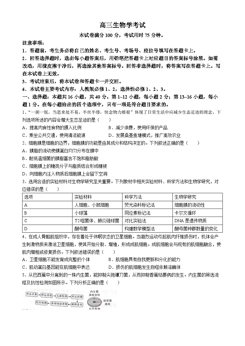 广西部分示范性高中2024-2025学年高三上学期摸底质量检测生物试题第1页