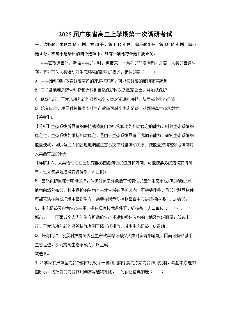 [生物]2025届广东省高三上学期第一次调研考试(解析版)01