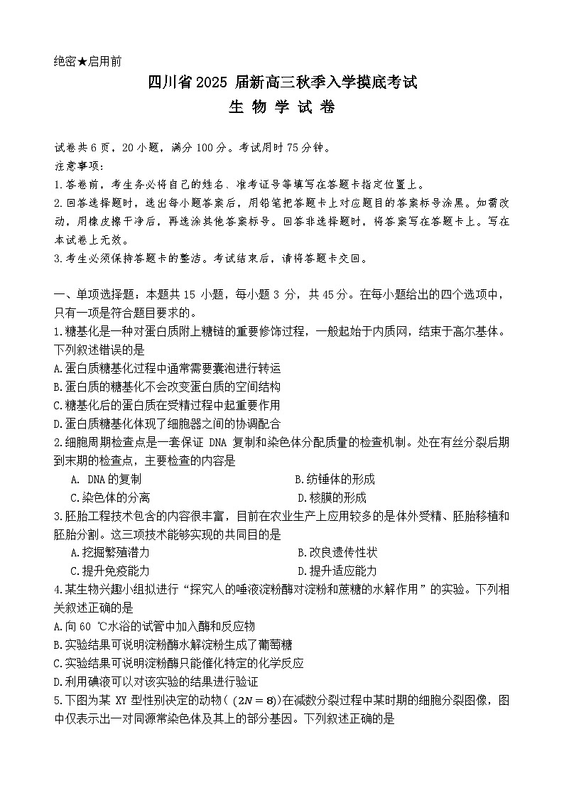 四川省2024-2025学年高三上学期入学摸底考试生物试卷01