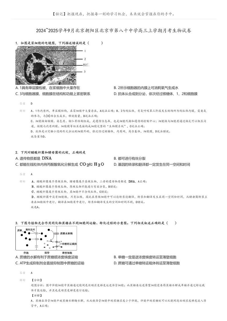 [生物]2024～2025学年9月北京朝阳区北京市第八十中学高三上学期月考生物试卷解析版第1页