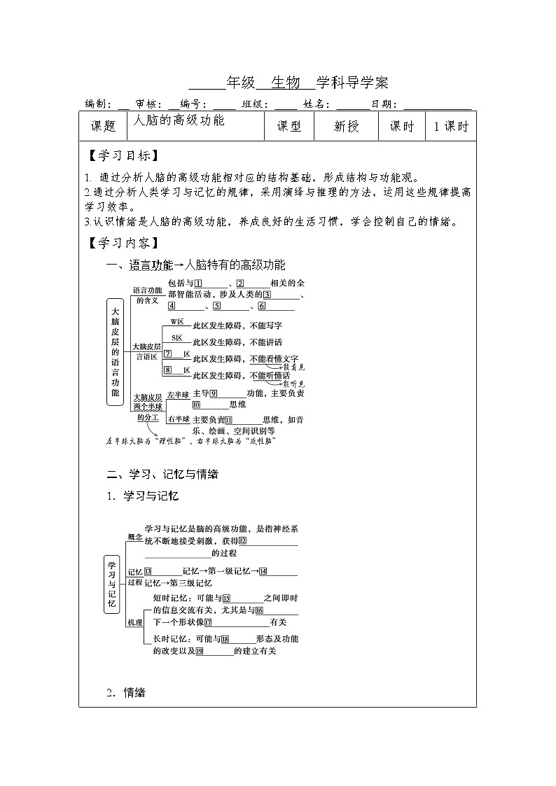 2.5人脑的高级功能导学案 高中生物人教版选择性必修1第1页