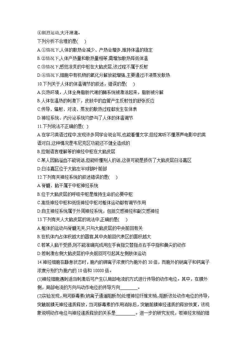 2.2神经系统的结构与功能同步课时作业 高中生物浙科版必修303