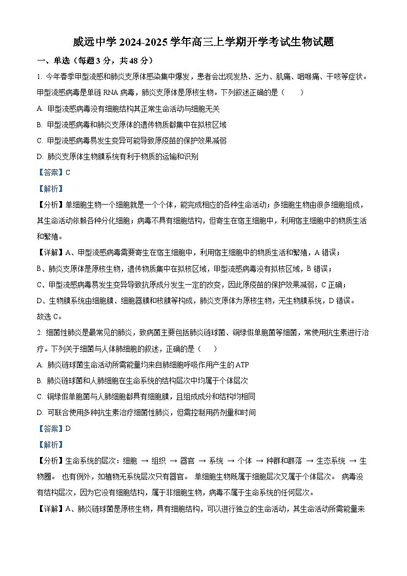 四川省内江市威远中学2024-2025学年高三上学期9月月考生物试题（Word版附解析）01