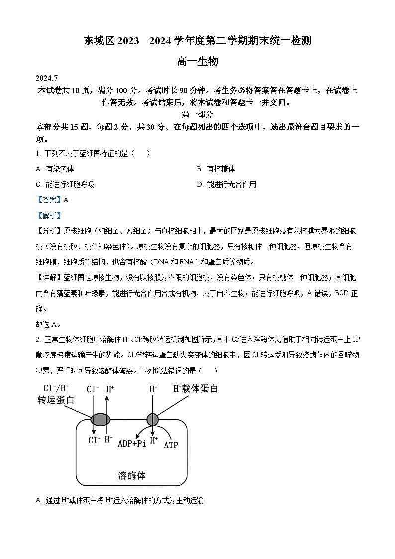 北京市东城区2023-2024学年高一下学期期末考试生物试卷（Word版附解析）01