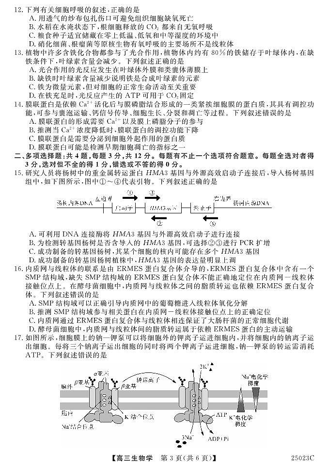 江苏省盐城市八校2024-2025学年高三上学期开学考试生物试题第3页