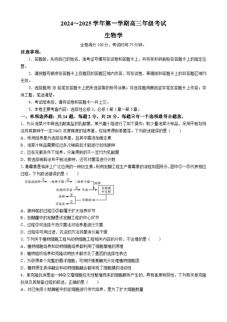 江苏省盐城市八校2024-2025学年高三上学期开学考试生物试题01