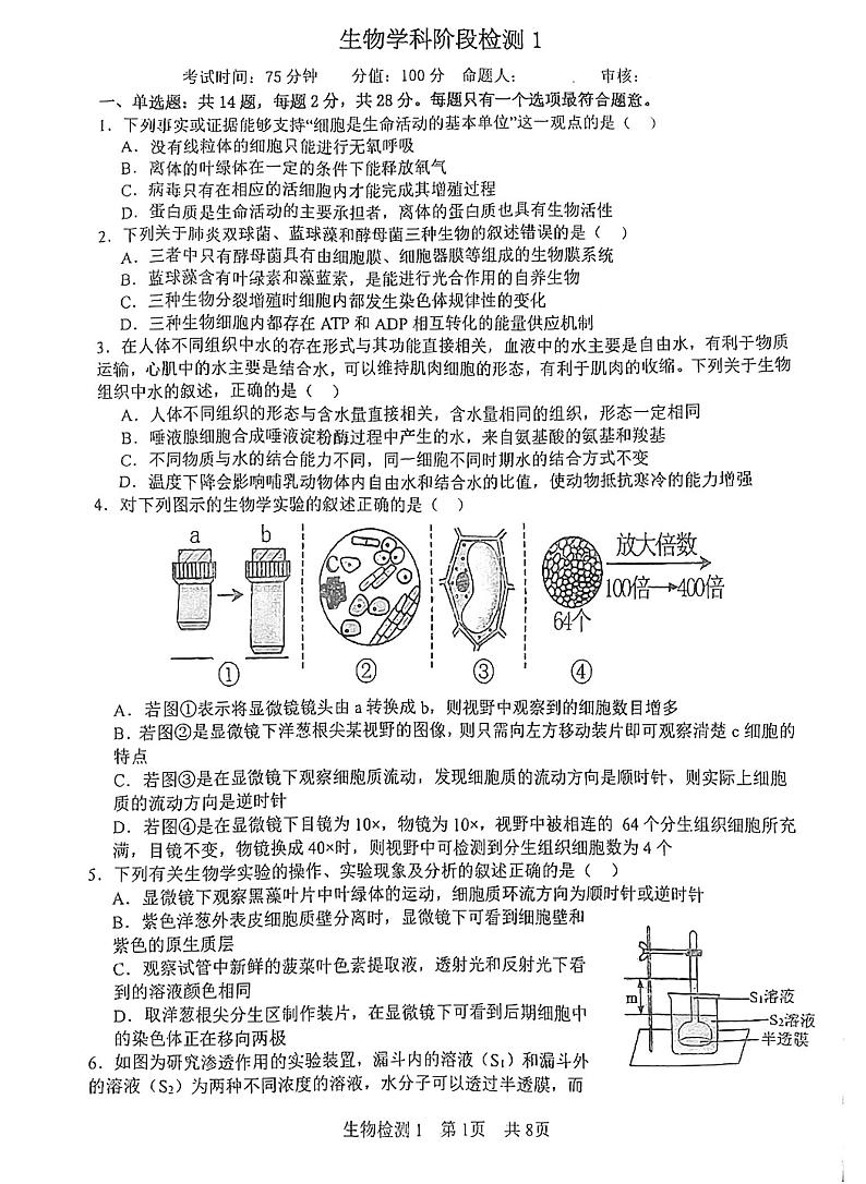 江苏省盐城市射阳县射阳中学2024-2025学年高三上学期9月月考生物试题第1页