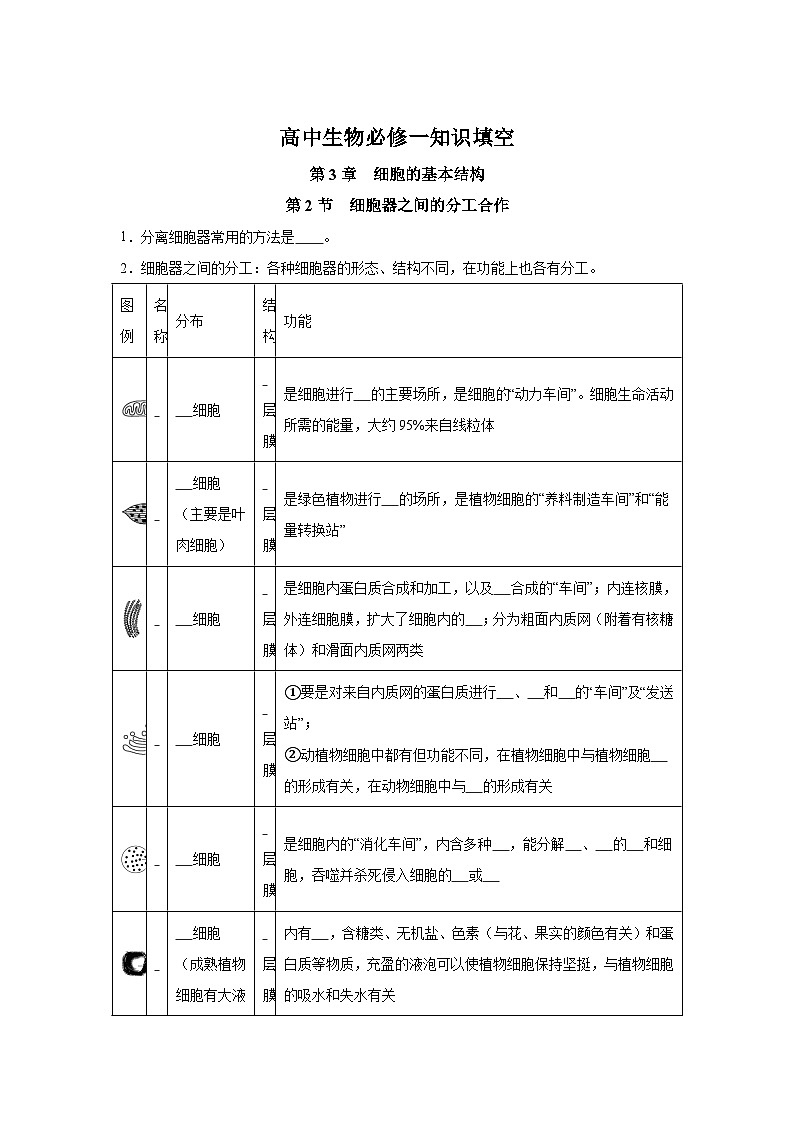 高中生物微专题-必修一知识填空-第3章 第2节 细胞器之间的分工合作-2025年高考生物一轮复习知识填空练习第1页