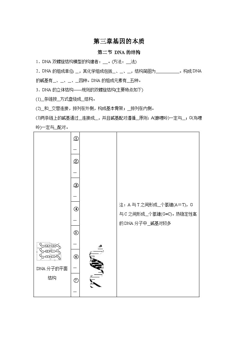 高中生物微专题-必修二知识填空-第3章 第2节 DNA的结构-2025年高考生物一轮复习知识填空练习第1页