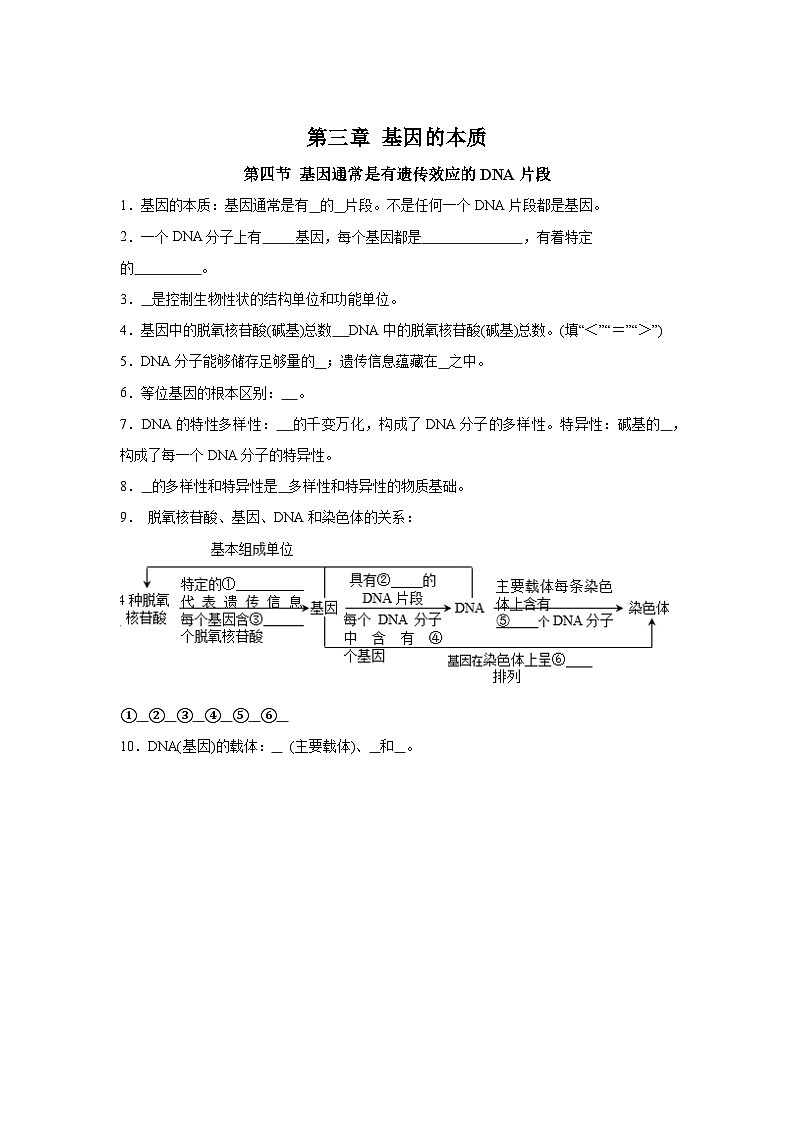 高中生物微专题-必修二知识填空-第3章 第4节 基因通常是有遗传效应的DNA片段-2025年高考生物一轮复习知识填空练习第1页