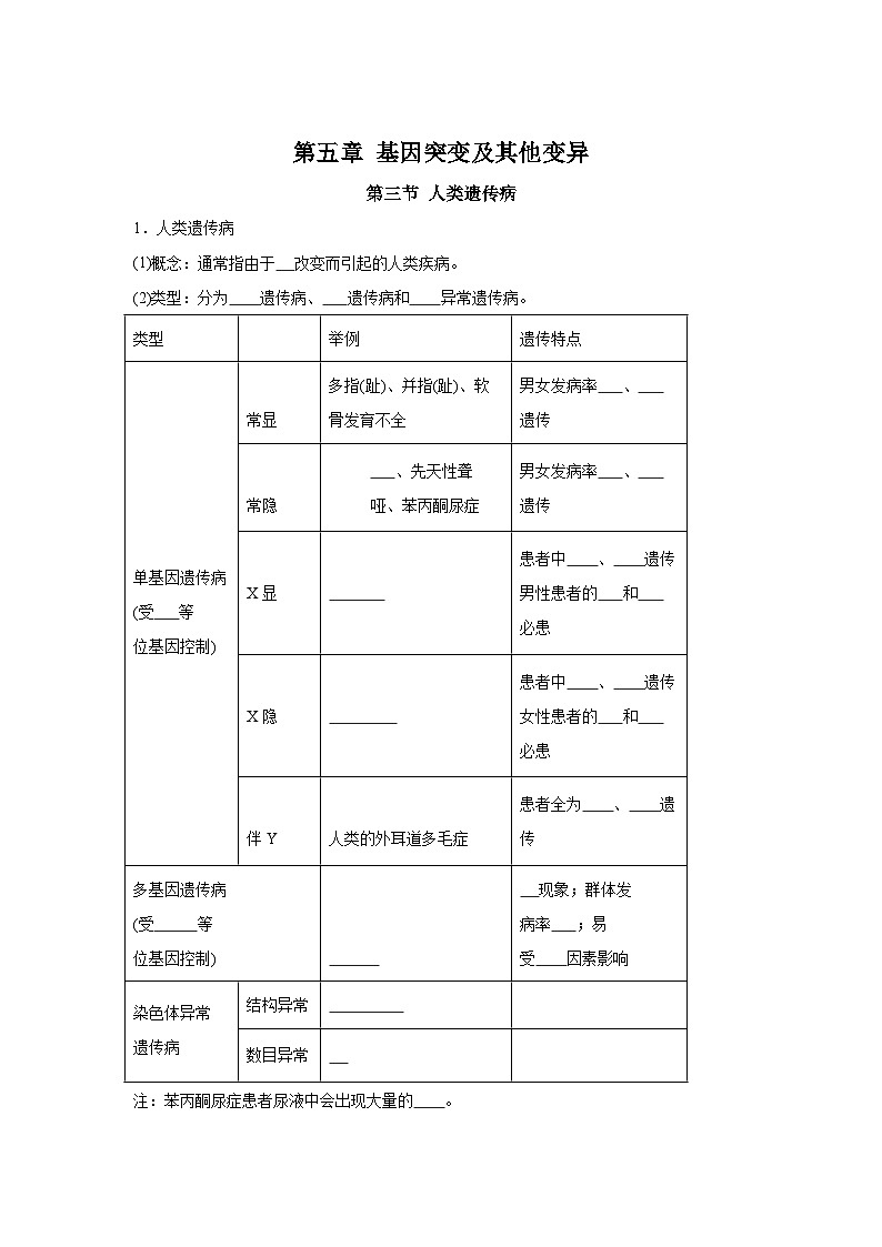 高中生物微专题-必修二知识填空-第5章 第3节 人类遗传病-2025年高考生物一轮复习知识填空练习第1页