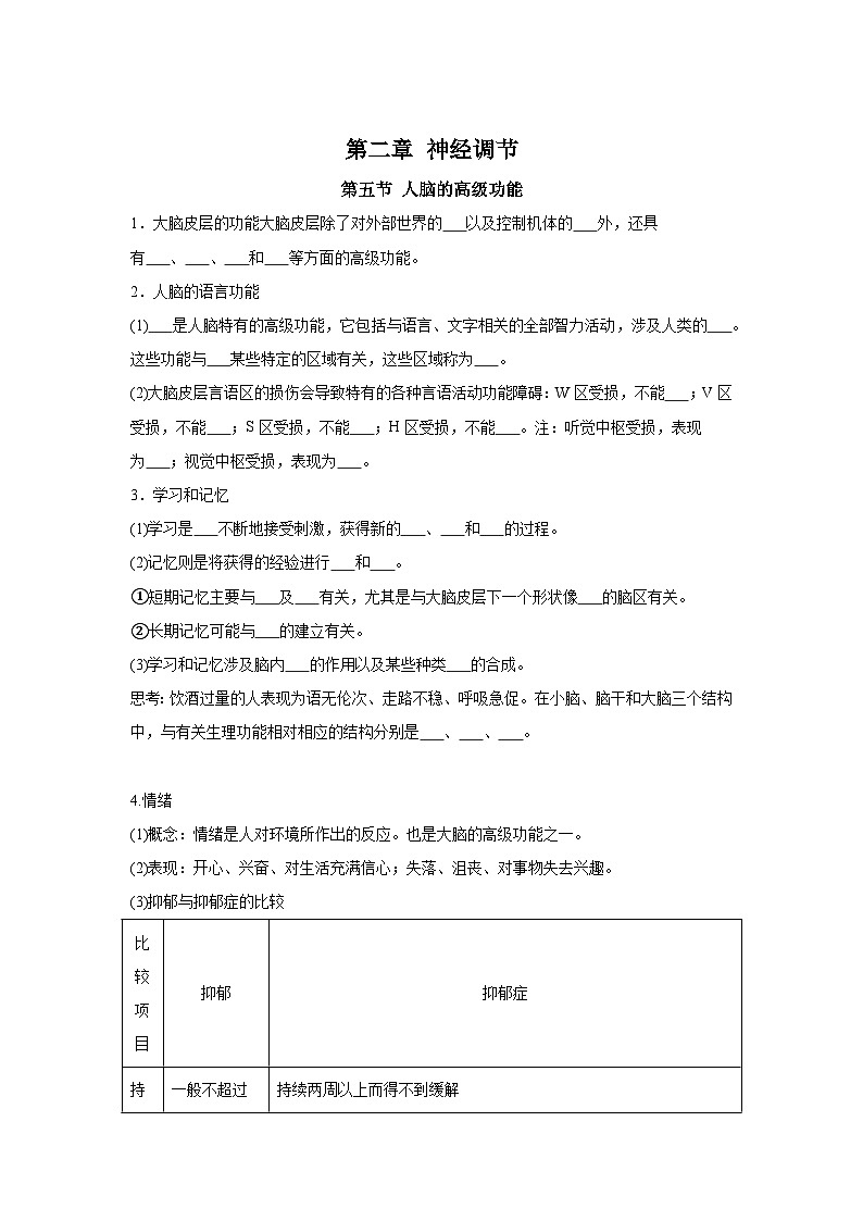 高中生物微专题-选必一知识填空-第2章 第5节 人脑的高级功能-2025年高考生物一轮复习知识填空练习第1页