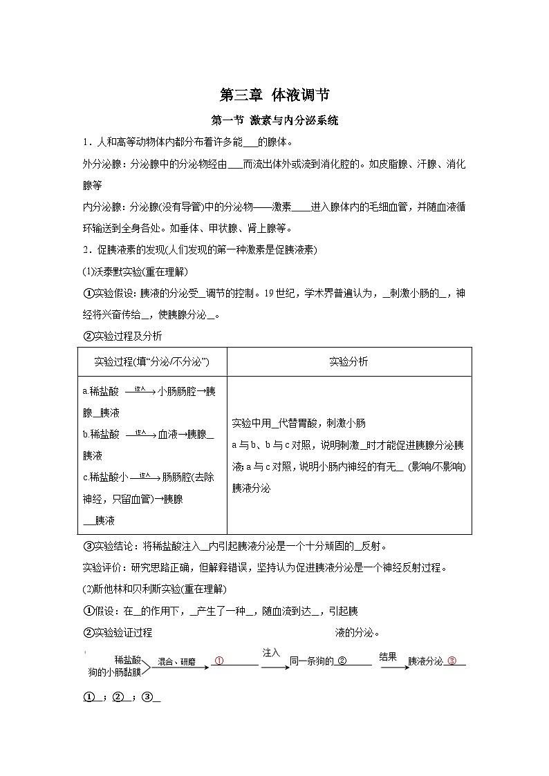 高中生物微专题-选必一知识填空-第3章 第1节 激素与内分泌系统-2025年高考生物一轮复习知识填空练习第1页