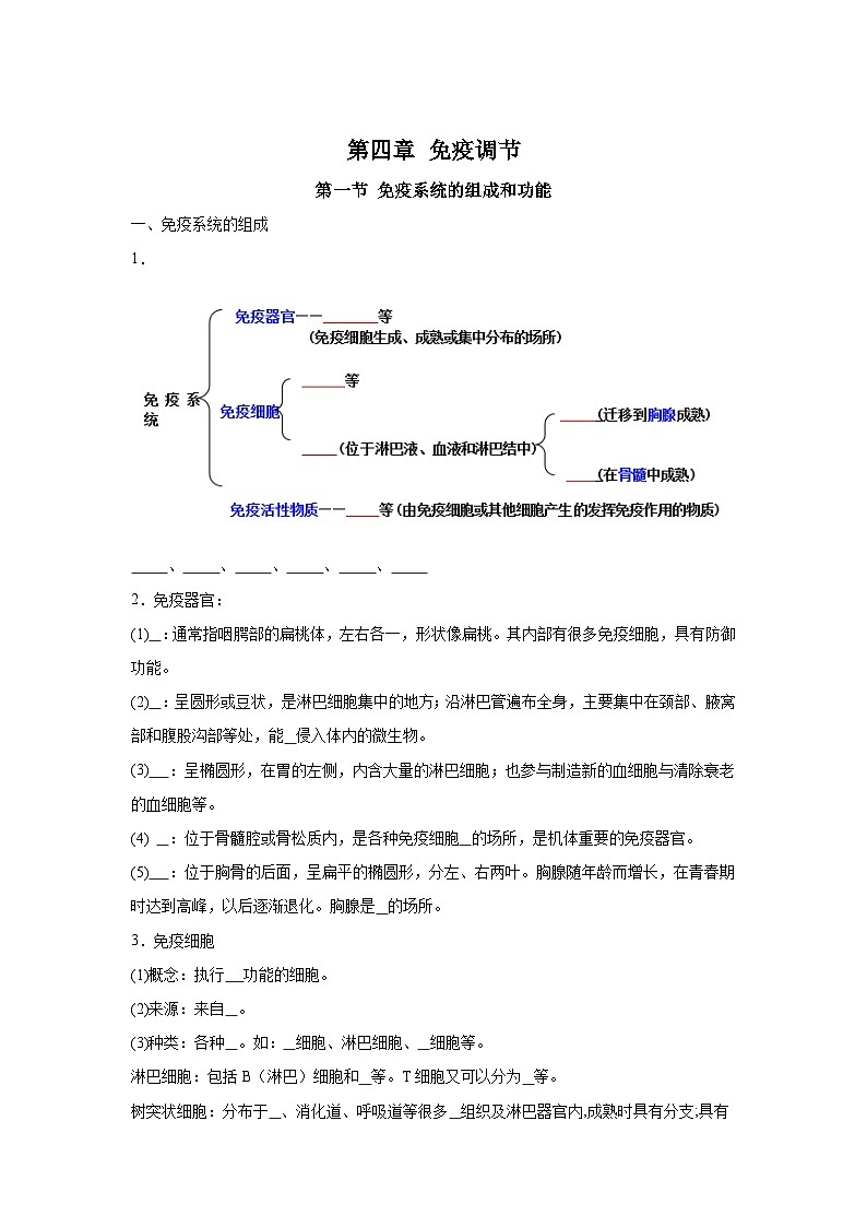 高中生物微专题-选必一知识填空-第4章 第1节 免疫系统的组成和功能-2025年高考生物一轮复习知识填空练习第1页