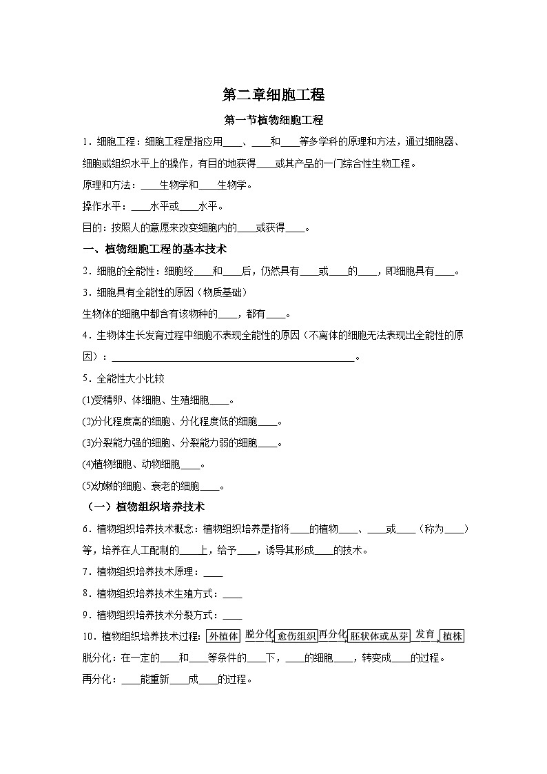 高中生物微专题-选必三知识填空-第2章 第1节 植物细胞工程-2025年高考生物一轮复习知识填空练习第1页