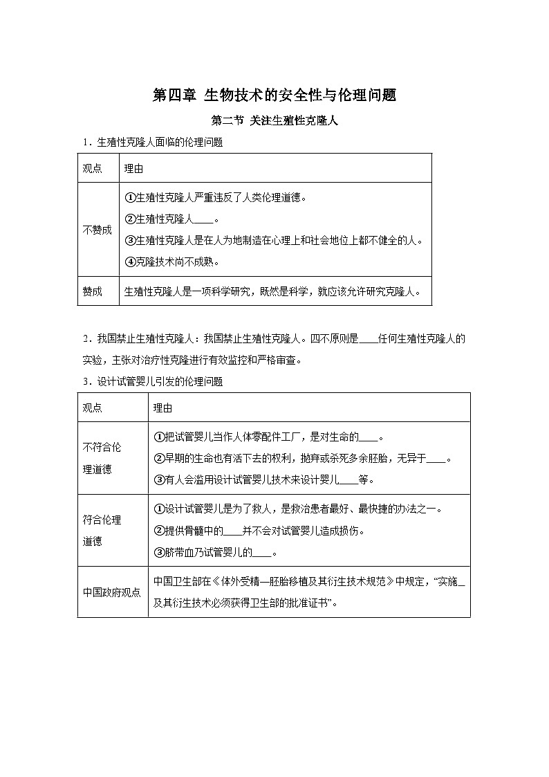 高中生物微专题-选必三知识填空-第4章 第2节 关注生殖性克隆人-2025年高考生物一轮复习知识填空练习第1页