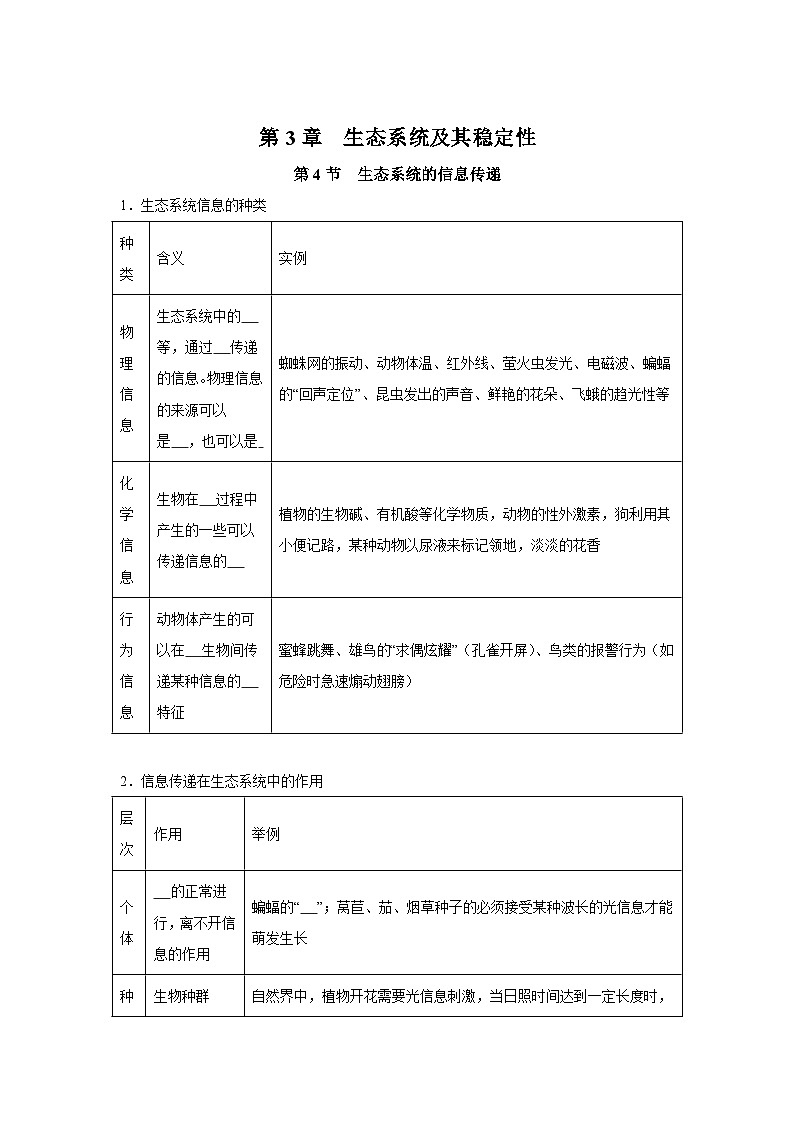 高中生物微专题-选必二知识填空-第3章 第4节 生态系统的信息传递-2025年高考生物一轮复习知识填空练习第1页