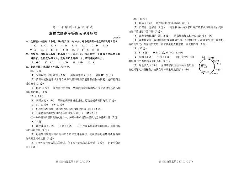 山东省潍坊市2025届高三开学调研监测考试生物试题（PDF版附答案）01