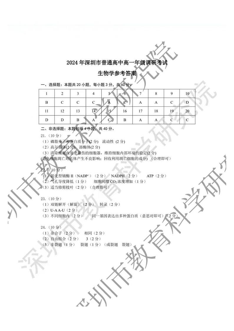 广东省深圳市普通高中2024年高一年级下学期7月期末调研考试+生物01
