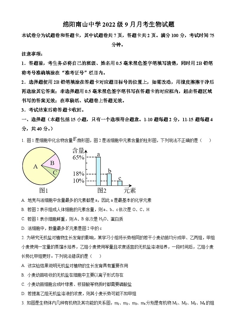 四川省绵阳市南山中学2024-2025学年高三上学期9月月考生物试题（原卷版）第1页
