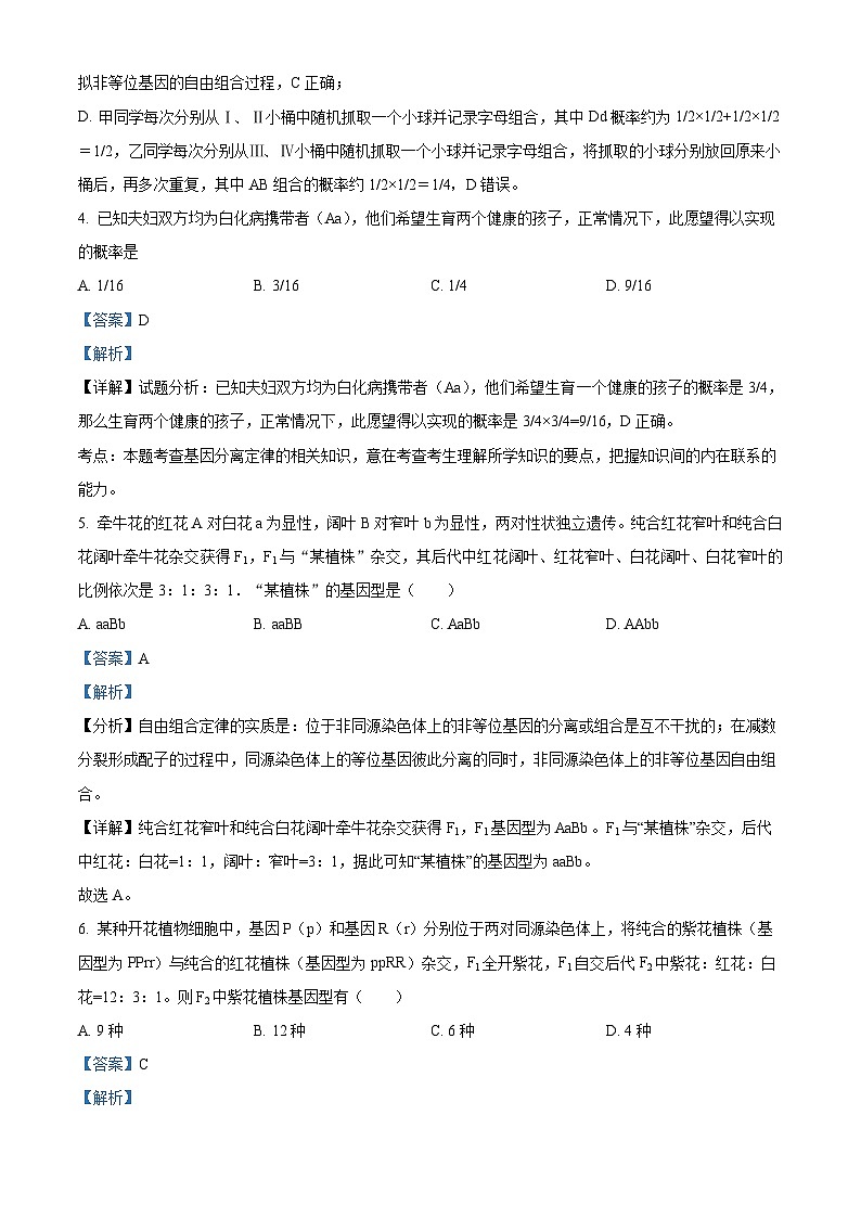 北京市北京师范大学附属中学2023-2024学年高一下学期期中考试生物试题  Word版含解析第3页