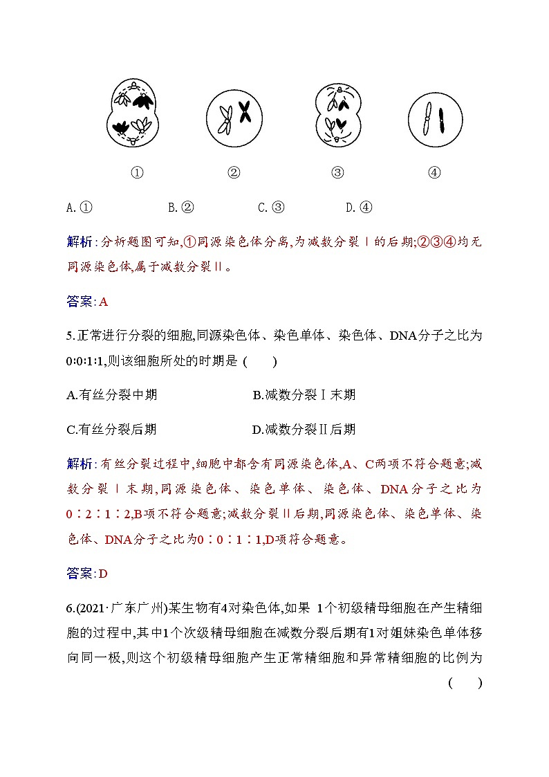 人教版高中生物必修2第2章基因和染色体的关系第1节减数分裂和受精作用第1课时减数分裂练习含答案第3页