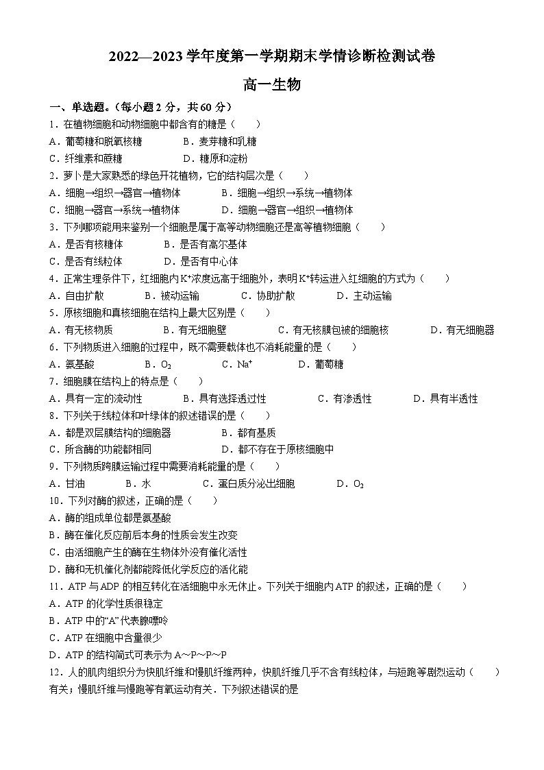 甘肃省天水市麦积区2022-2023学年高一上学期期末生物试题(无答案)第1页