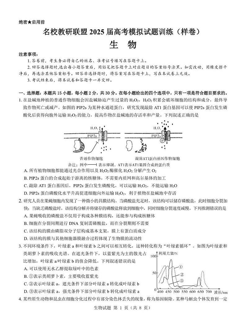 生物-名校教研联盟2025届高考模拟试题训练卷第1页