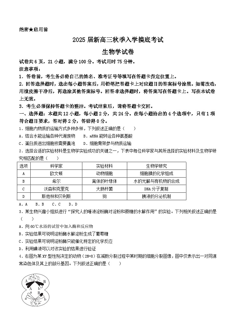江西省部分学校2024-2025学年高三上学期入学摸底考试生物试题第1页