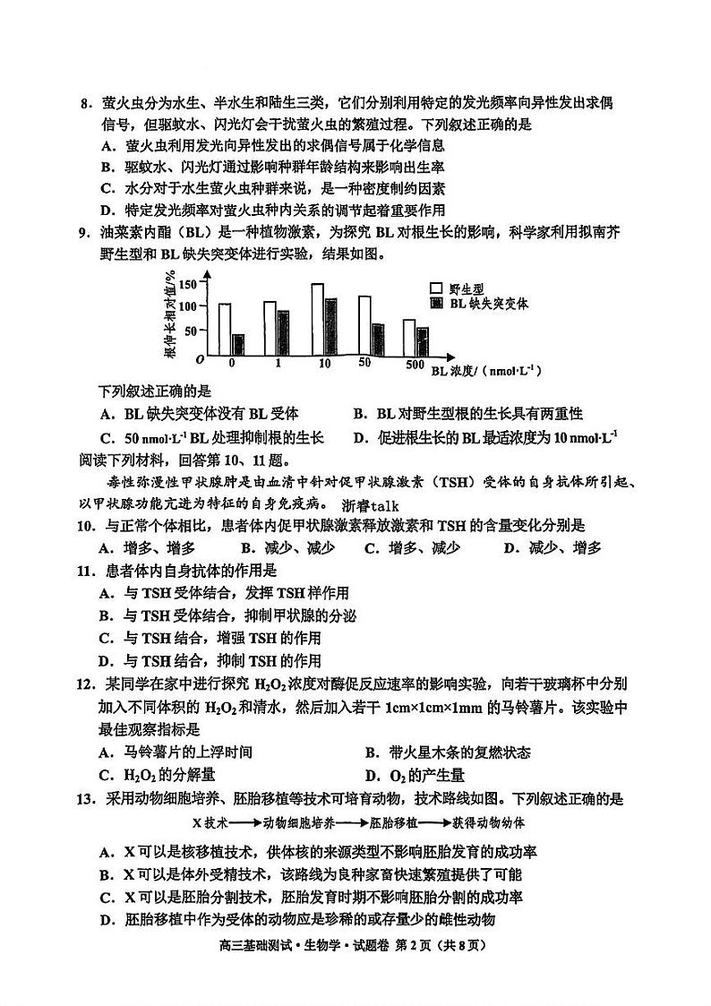 浙江省嘉兴市2024-2025学年高三上学期9月基础测试生物试题第2页
