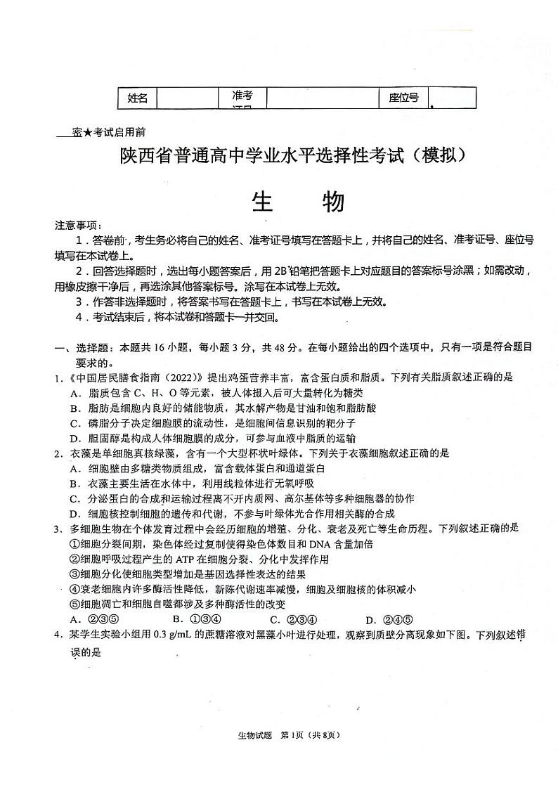 +2025届陕西省普通高中学业水平选择性考试(模拟)+生物试题第1页