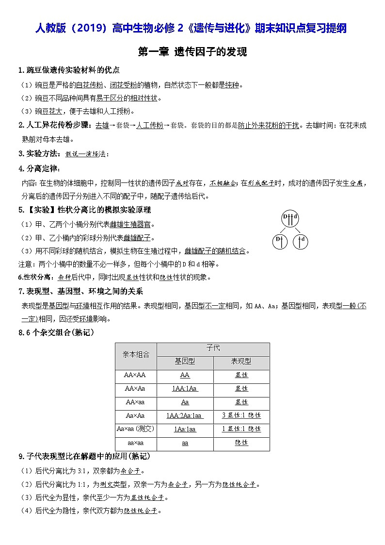 人教版（2019）高中生物必修2《遗传与进化》期末知识点复习提纲第1页