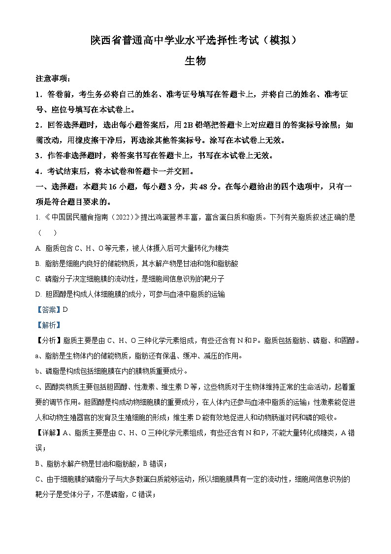 陕西省2024—2025学年高三上学期普通高中学业水平选择性考试 生物试题（解析版）01
