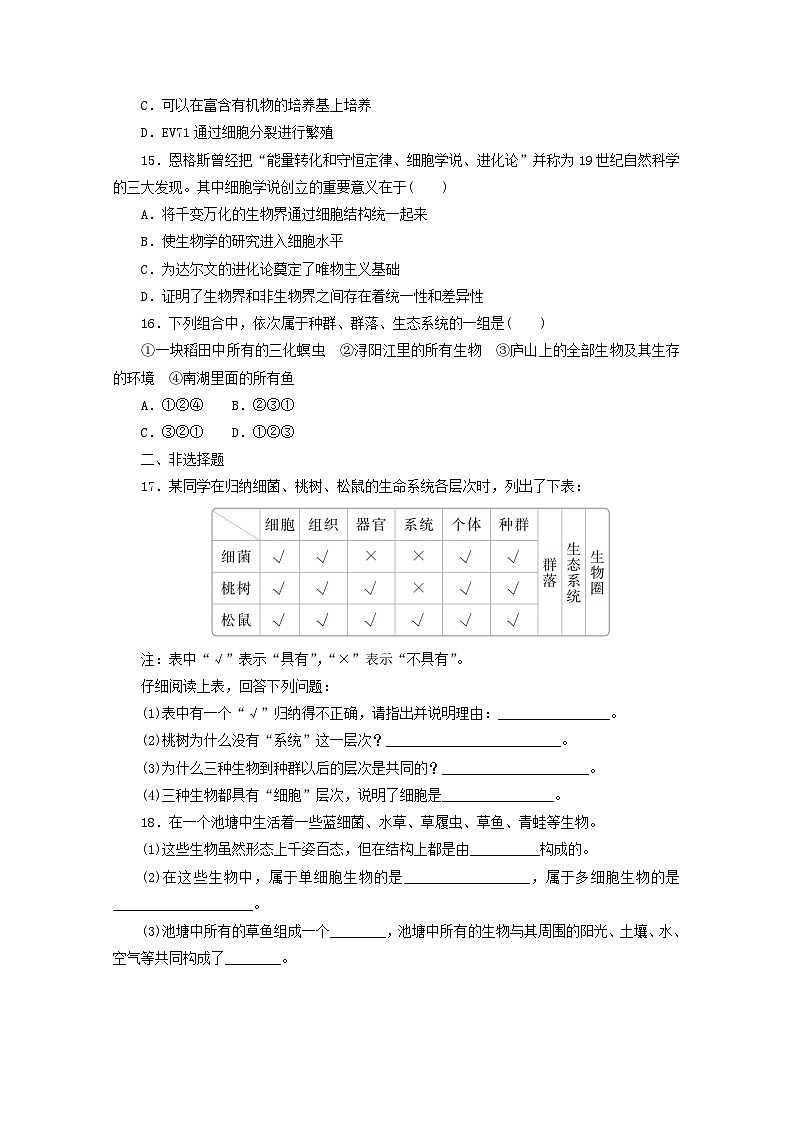 人教版高一生物必修第一册课后练习卷：细胞是生命活动的基本单位03