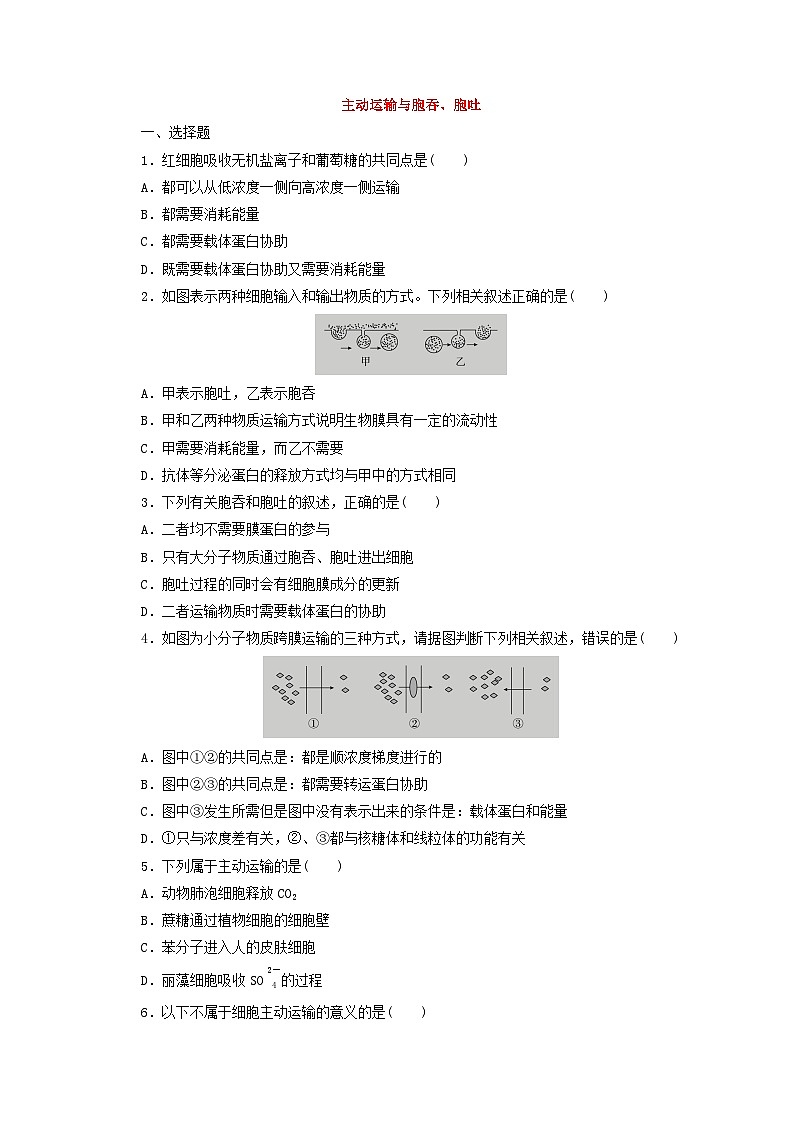 人教版高一生物必修第一册课后练习卷：主动运输与胞吞、胞吐第1页