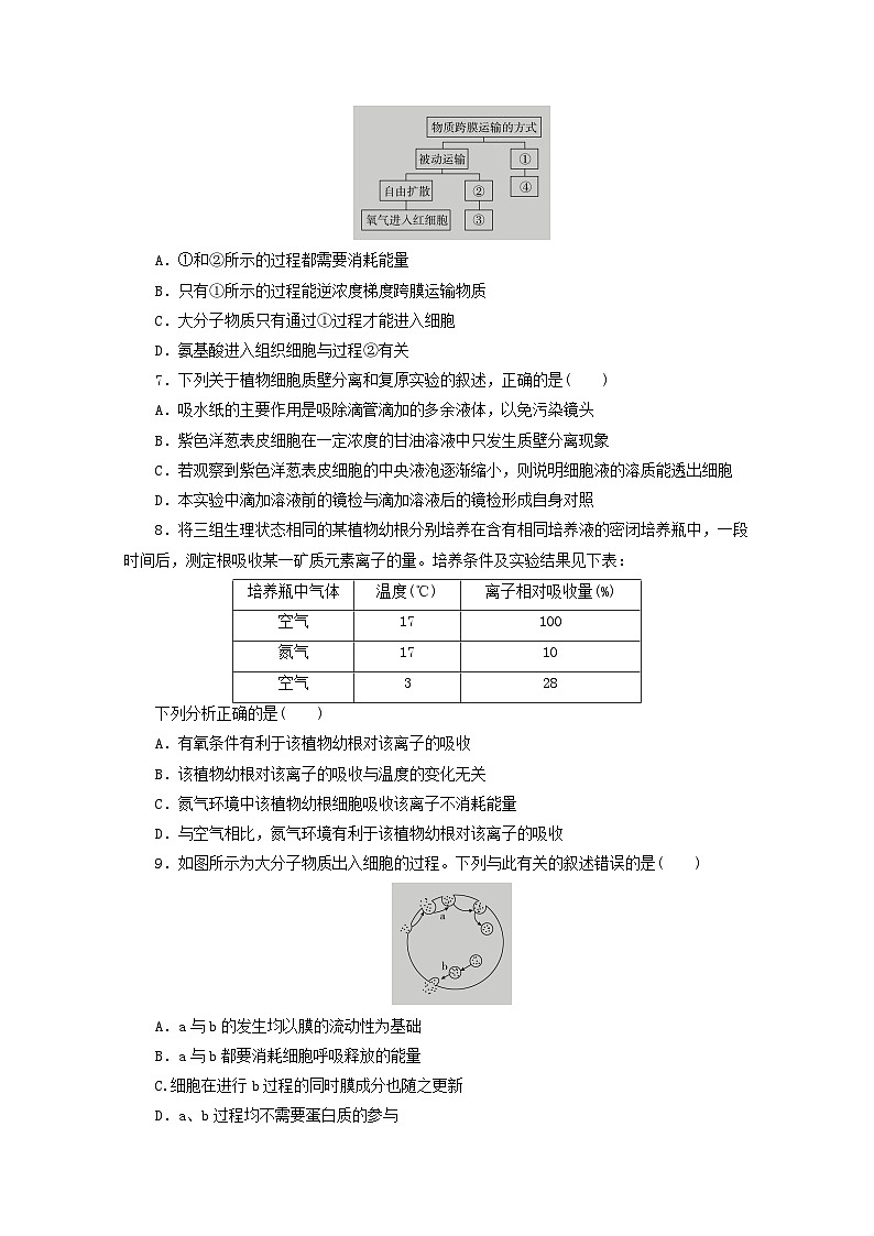 人教版高一生物必修第一册课后练习卷：第4章　细胞的物质输入和输出02