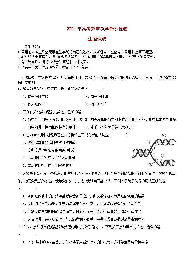 重庆市北碚区2024届高考生物上学期第零诊试题01