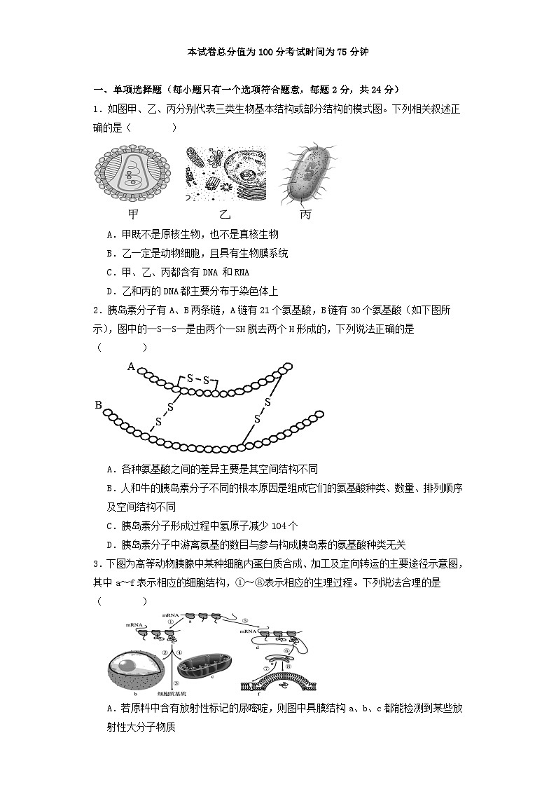 江西省宜春市丰城市2023_2024学年高三生物上学期12月月考试题01