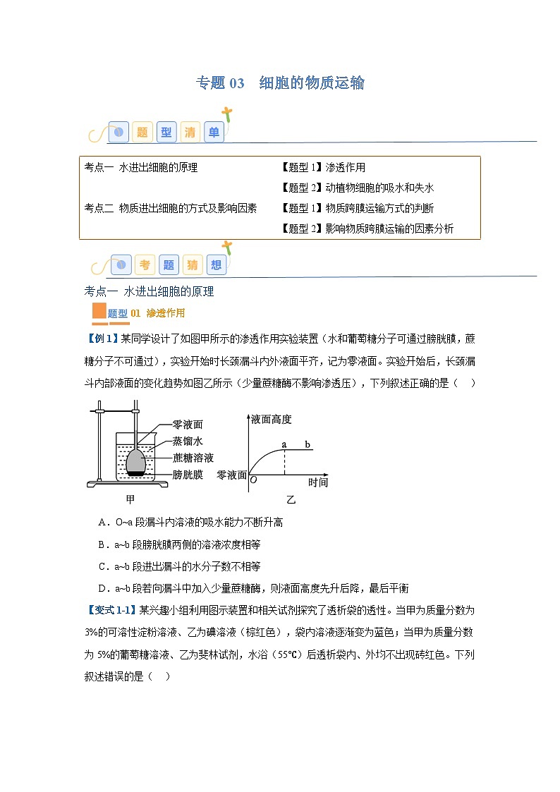 专题03 细胞的物质运输（4大题型）（原卷版）第1页