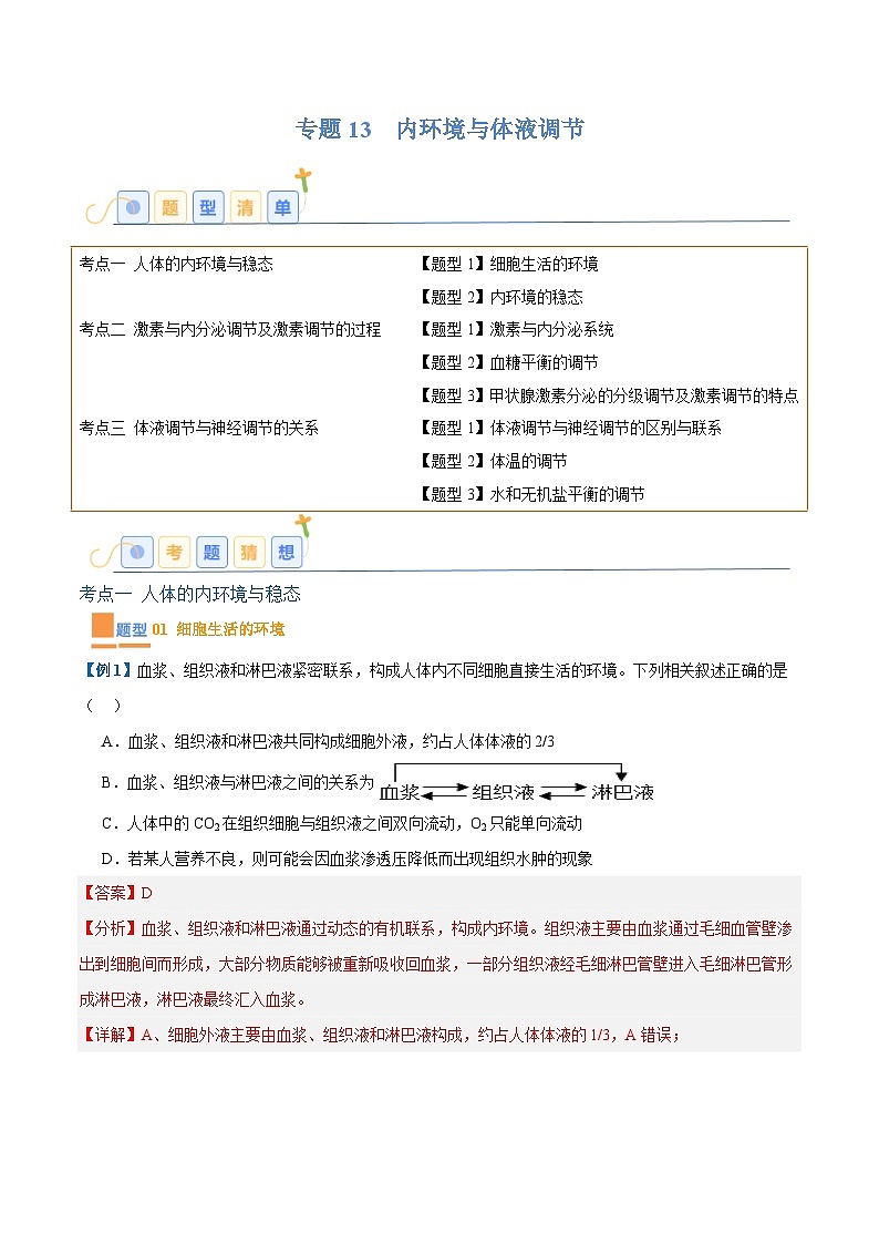 专题13 内环境与体液调节（8大题型）（解析版）第1页
