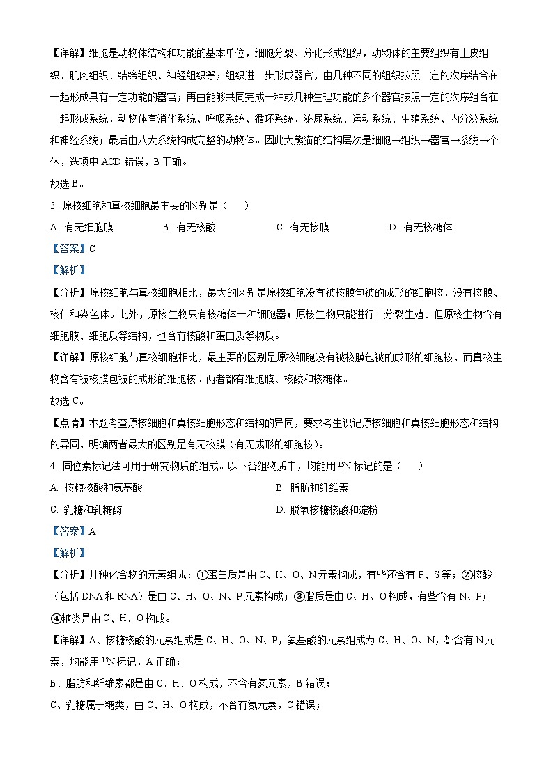 北京师范大学附中2023-2024学年高一上学期期中生物试题  Word版含解析第2页